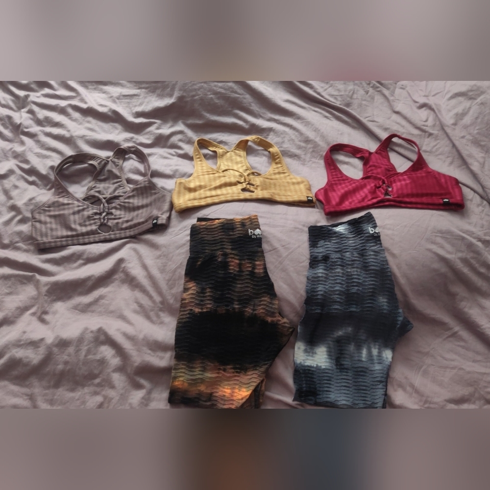 3 Booty by Brabants carioca tops and two pairs of tye dye original leggings